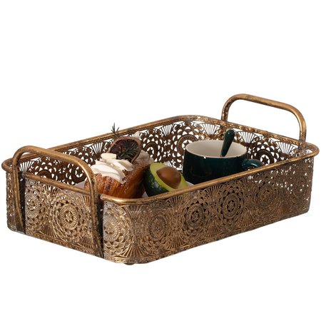 VINTIQUEWISE Metal Gold Rectangular Serving Tray with Oval Design and Handles, Small QI004435.S